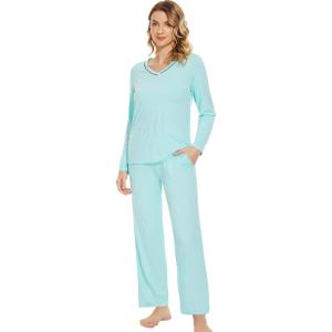 imageWiWi Pajamas Sets for Women Soft Long Sleeve Tops and Pants Sleepwear Ladies Pjs Viscose from Bamboo Pj SXXLDaqua