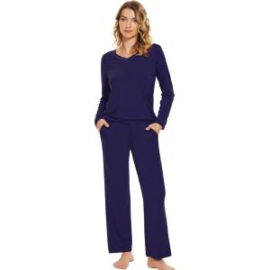 imageWiWi Pajamas Sets for Women Soft Long Sleeve Tops and Pants Sleepwear Ladies Pjs Viscose from Bamboo Pj SXXLDnavy
