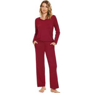 imageWiWi Pajamas Sets for Women Soft Long Sleeve Tops and Pants Sleepwear Ladies Pjs Viscose from Bamboo Pj SXXLDwine Red