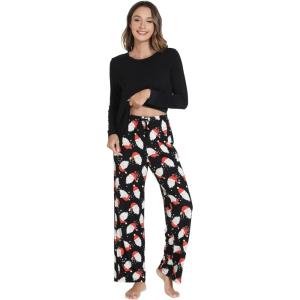 imageWiWi Pajamas for Women Long Sleeve Pajama Set Viscose from Bmaboo Soft Sleep Lounge Set Sleepwear SXXLBlacksanta Claus on Black