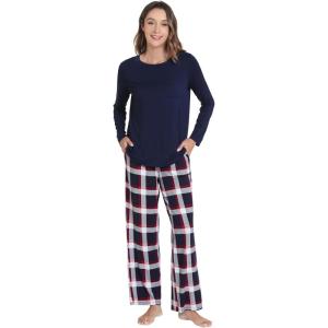 imageWiWi Pajamas for Women Long Sleeve Pajama Set Viscose from Bmaboo Soft Sleep Lounge Set Sleepwear SXXLNavynavyRed Stripe Plaid