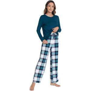 imageWiWi Pajamas for Women Long Sleeve Pajama Set Viscose from Bmaboo Soft Sleep Lounge Set Sleepwear SXXLPeacock BluenavyGreen Plaid