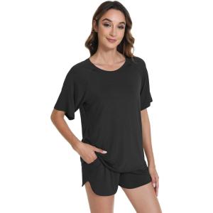 imageWiWi Pajamas for Women Short Sleeve Top with Shorts Viscose from Bamboo Pajama Set Cooling Sleepwear SXXLAblack