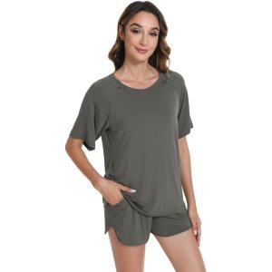 imageWiWi Pajamas for Women Short Sleeve Top with Shorts Viscose from Bamboo Pajama Set Cooling Sleepwear SXXLAiron Grey