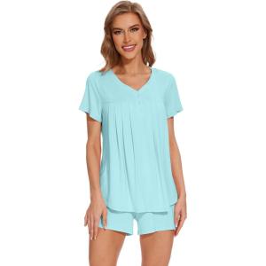 imageWiWi Pajamas for Women Short Sleeve Top with Shorts Viscose from Bamboo Pajama Set Cooling Sleepwear SXXLBaqua
