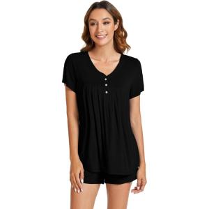 imageWiWi Pajamas for Women Short Sleeve Top with Shorts Viscose from Bamboo Pajama Set Cooling Sleepwear SXXLBblack