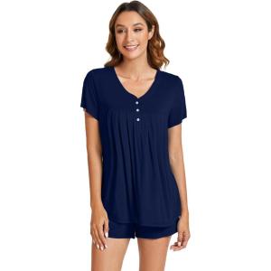 imageWiWi Pajamas for Women Short Sleeve Top with Shorts Viscose from Bamboo Pajama Set Cooling Sleepwear SXXLBnavy