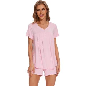 imageWiWi Pajamas for Women Short Sleeve Top with Shorts Viscose from Bamboo Pajama Set Cooling Sleepwear SXXLBpink
