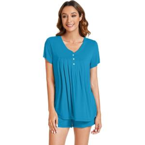 imageWiWi Pajamas for Women Short Sleeve Top with Shorts Viscose from Bamboo Pajama Set Cooling Sleepwear SXXLBteal Blue