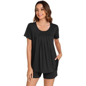 imageWiWi Pajamas for Women Short Sleeve Top with Shorts Viscose from Bamboo Pajama Set Cooling Sleepwear SXXLCblack