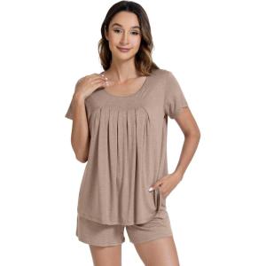 imageWiWi Pajamas for Women Short Sleeve Top with Shorts Viscose from Bamboo Pajama Set Cooling Sleepwear SXXLCcamel