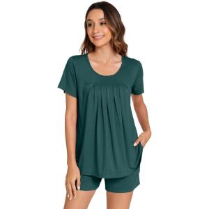 imageWiWi Pajamas for Women Short Sleeve Top with Shorts Viscose from Bamboo Pajama Set Cooling Sleepwear SXXLCforest Green