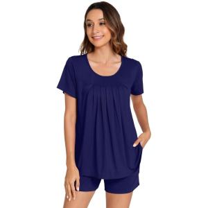 imageWiWi Pajamas for Women Short Sleeve Top with Shorts Viscose from Bamboo Pajama Set Cooling Sleepwear SXXLCnavy