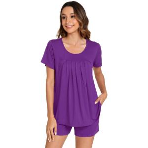 imageWiWi Pajamas for Women Short Sleeve Top with Shorts Viscose from Bamboo Pajama Set Cooling Sleepwear SXXLCpurple