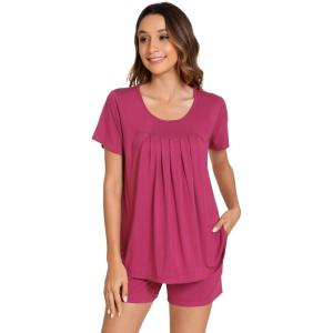 imageWiWi Pajamas for Women Short Sleeve Top with Shorts Viscose from Bamboo Pajama Set Cooling Sleepwear SXXLCraspberry Wine