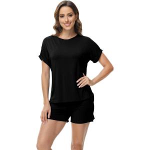 imageWiWi Pajamas for Women Short Sleeve Top with Shorts Viscose from Bamboo Pajama Set Cooling Sleepwear SXXLDblack