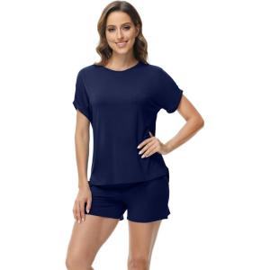 imageWiWi Pajamas for Women Short Sleeve Top with Shorts Viscose from Bamboo Pajama Set Cooling Sleepwear SXXLDnavy
