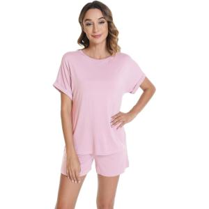 imageWiWi Pajamas for Women Short Sleeve Top with Shorts Viscose from Bamboo Pajama Set Cooling Sleepwear SXXLDpink