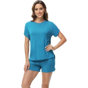 imageWiWi Pajamas for Women Short Sleeve Top with Shorts Viscose from Bamboo Pajama Set Cooling Sleepwear SXXLDteal Blue