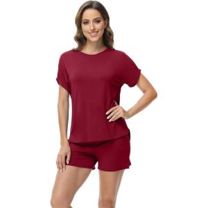 imageWiWi Pajamas for Women Short Sleeve Top with Shorts Viscose from Bamboo Pajama Set Cooling Sleepwear SXXLDwine