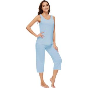 imageWiWi Pajamas for WomenViscose Made from Bamboo Sleeveless Pjs Tank Top Capri Pants Pajama Set SXXLApale Blue
