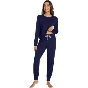 imageWiWi Pajamas set for WomenViscose from Bamboo Long Sleeve Pajama Sets Crew Neck Pj with Joggers Comfy Loungewear SXXLNavy