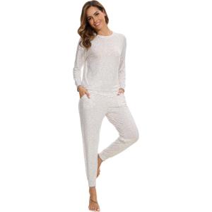 imageWiWi Pajamas set for WomenViscose from Bamboo Long Sleeve Pajama Sets Crew Neck Pj with Joggers Comfy Loungewear SXXLOat Leopard