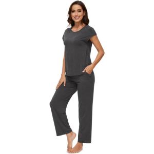 imageWiWi Soft Pajama Set for Women Raglan Sleeve Viscose from Bamboo Sleepwear Lightweight Loose Pajamas Pjs Sets SXXLCharcoal Heather