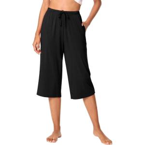 imageWiWi Viscose Capri Pants for Women Wide Leg Pajama with Pockets Soft Knit Lounge Sleep Pj Bottoms SXXLBlack