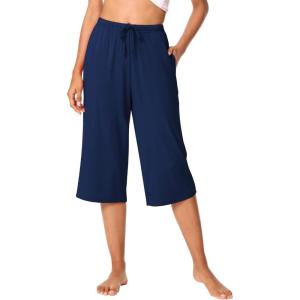 imageWiWi Viscose Capri Pants for Women Wide Leg Pajama with Pockets Soft Knit Lounge Sleep Pj Bottoms SXXLDark Blue