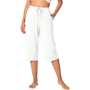 imageWiWi Viscose Capri Pants for Women Wide Leg Pajama with Pockets Soft Knit Lounge Sleep Pj Bottoms SXXLPure White
