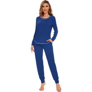 imageWiWi Viscose from Bamboo Pajamas Set for Women Long Sleeve Sleepwear Soft Loungewear Pjs Jogger Pants Lounge Sets SXXLAblue Depth