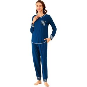 imageWiWi Viscose from Bamboo Pajamas Set for Women Long Sleeve Sleepwear Soft Loungewear Pjs Jogger Pants Lounge Sets SXXLAink Blue