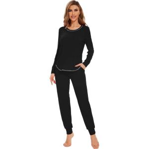 imageWiWi Viscose from Bamboo Pajamas Set for Women Long Sleeve Sleepwear Soft Loungewear Pjs Jogger Pants Lounge Sets SXXLAsolid Black