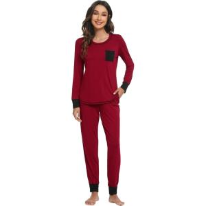 imageWiWi Viscose from Bamboo Pajamas Set for Women Long Sleeve Sleepwear Soft Loungewear Pjs Jogger Pants Lounge Sets SXXLAwine Red