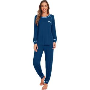 imageWiWi Viscose from Bamboo Pajamas Set for Women Long Sleeve Sleepwear Soft Loungewear Pjs Jogger Pants Lounge Sets SXXLBink Blue