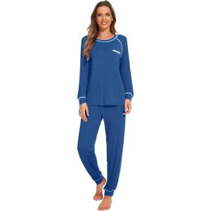 imageWiWi Viscose from Bamboo Pajamas Set for Women Long Sleeve Sleepwear Soft Loungewear Pjs Jogger Pants Lounge Sets SXXLBprussian Blue