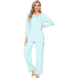 imageWiWi Viscose from Bamboo Pajamas Sets for Women Long Sleeve Sleepwear Soft V Neck Top with Pants Plus Size Pjs S4XAaqua