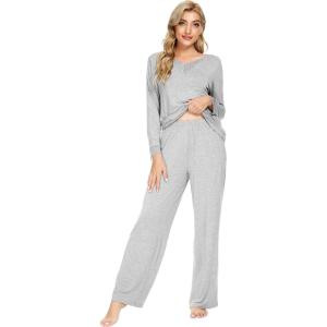 imageWiWi Viscose from Bamboo Pajamas Sets for Women Long Sleeve Sleepwear Soft V Neck Top with Pants Plus Size Pjs S4XAash Grey