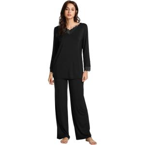 imageWiWi Viscose from Bamboo Pajamas Sets for Women Long Sleeve Sleepwear Soft V Neck Top with Pants Plus Size Pjs S4XAblack