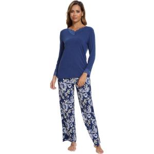 imageWiWi Viscose from Bamboo Pajamas Sets for Women Long Sleeve Sleepwear Soft V Neck Top with Pants Plus Size Pjs S4XAblue Depthgray Peony