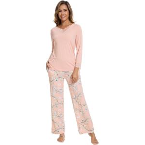 imageWiWi Viscose from Bamboo Pajamas Sets for Women Long Sleeve Sleepwear Soft V Neck Top with Pants Plus Size Pjs S4XAblushpink Flowers