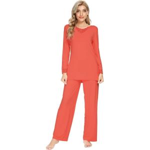 imageWiWi Viscose from Bamboo Pajamas Sets for Women Long Sleeve Sleepwear Soft V Neck Top with Pants Plus Size Pjs S4XAcoral