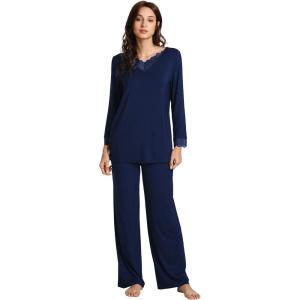 imageWiWi Viscose from Bamboo Pajamas Sets for Women Long Sleeve Sleepwear Soft V Neck Top with Pants Plus Size Pjs S4XAdark Blue