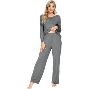 imageWiWi Viscose from Bamboo Pajamas Sets for Women Long Sleeve Sleepwear Soft V Neck Top with Pants Plus Size Pjs S4XAdark Heather Grey