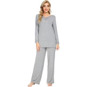 imageWiWi Viscose from Bamboo Pajamas Sets for Women Long Sleeve Sleepwear Soft V Neck Top with Pants Plus Size Pjs S4XAheather Grey