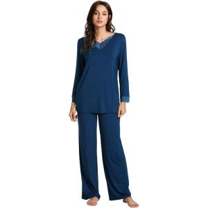 imageWiWi Viscose from Bamboo Pajamas Sets for Women Long Sleeve Sleepwear Soft V Neck Top with Pants Plus Size Pjs S4XAink Blue