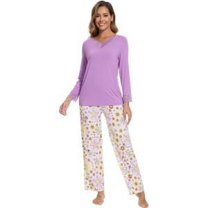 imageWiWi Viscose from Bamboo Pajamas Sets for Women Long Sleeve Sleepwear Soft V Neck Top with Pants Plus Size Pjs S4XAmedium Purplepurple Flowers