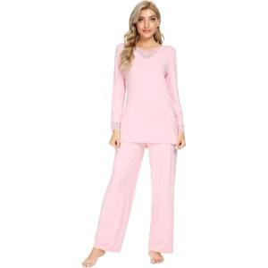 imageWiWi Viscose from Bamboo Pajamas Sets for Women Long Sleeve Sleepwear Soft V Neck Top with Pants Plus Size Pjs S4XApink