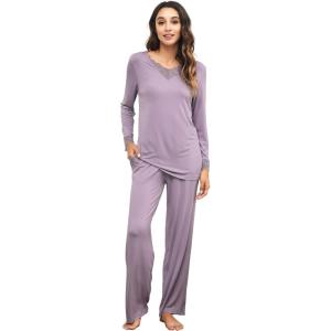 imageWiWi Viscose from Bamboo Pajamas Sets for Women Long Sleeve Sleepwear Soft V Neck Top with Pants Plus Size Pjs S4XAviolet